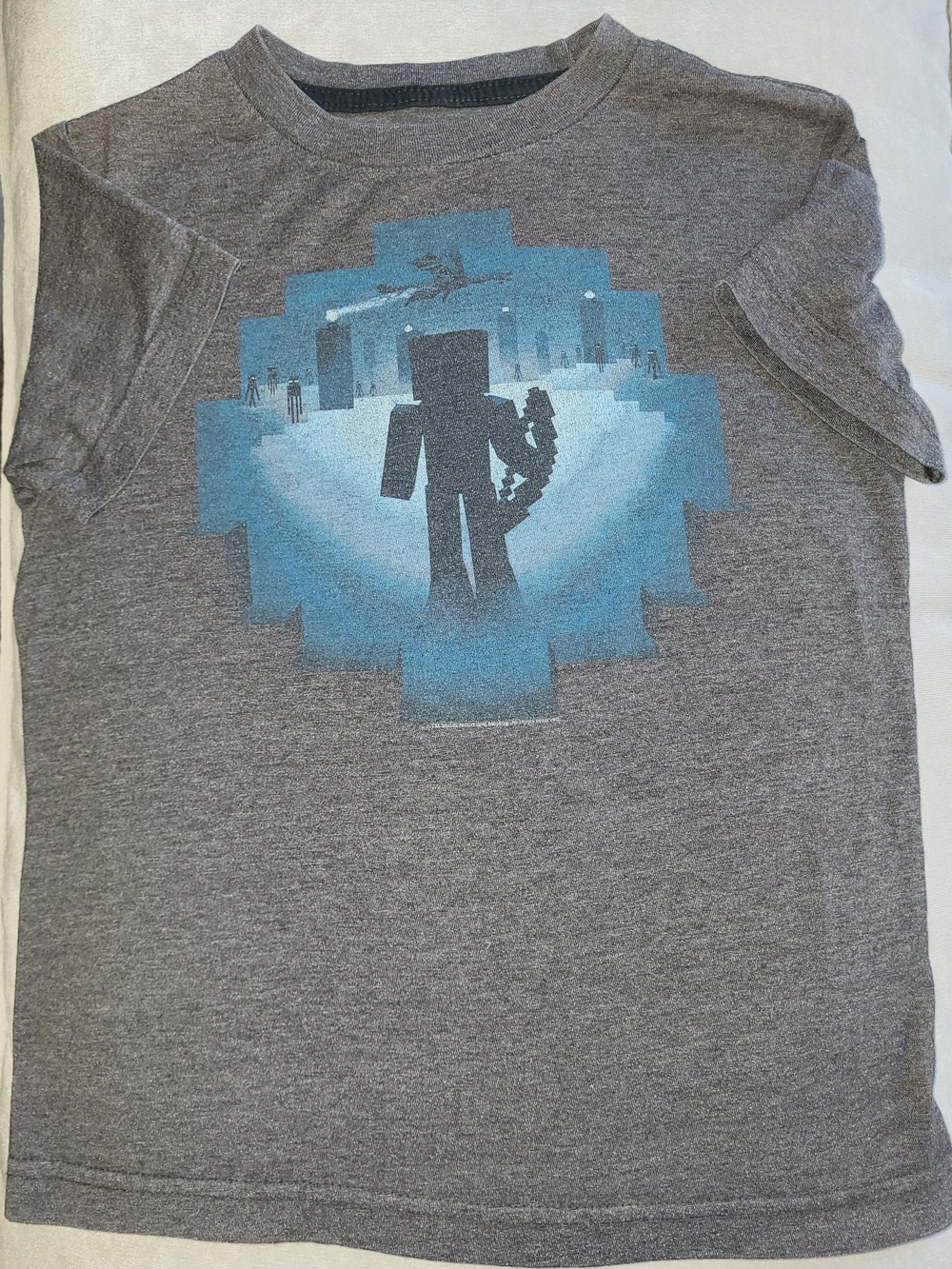 Old Navy Gray Tee with Blue Pixel-Style Game Graphic